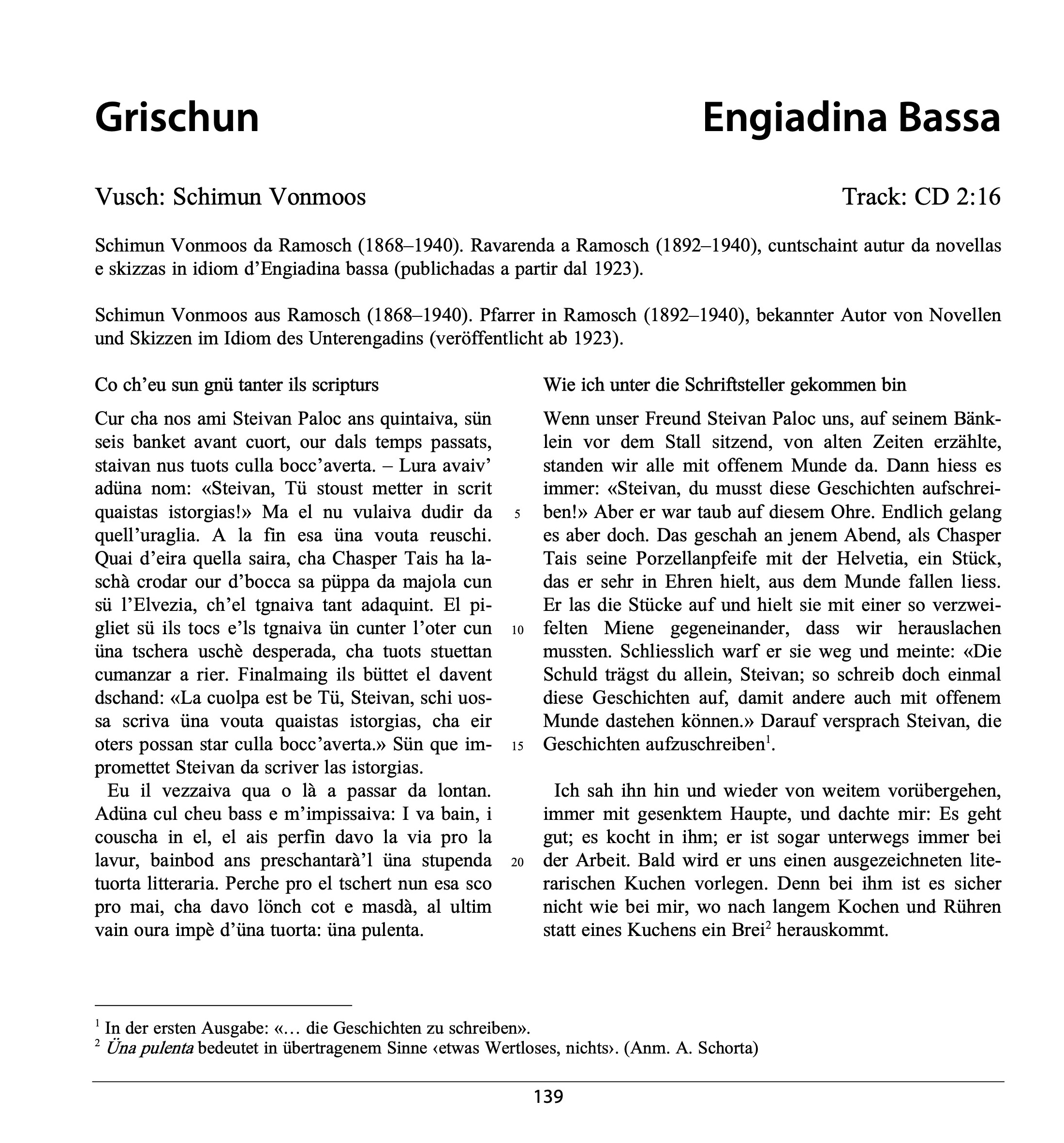 The image shows page 1 of the transcription of the Romansh recording in dialect and a line by line translation into standard German.