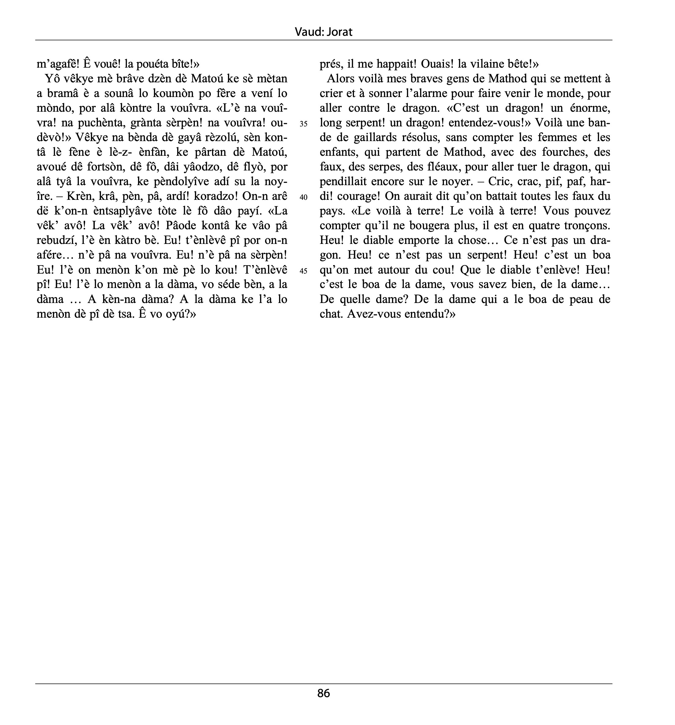 The image shows page 2 of the transcription of the patois recording from Jorat in dialect and a line by line translation to French.