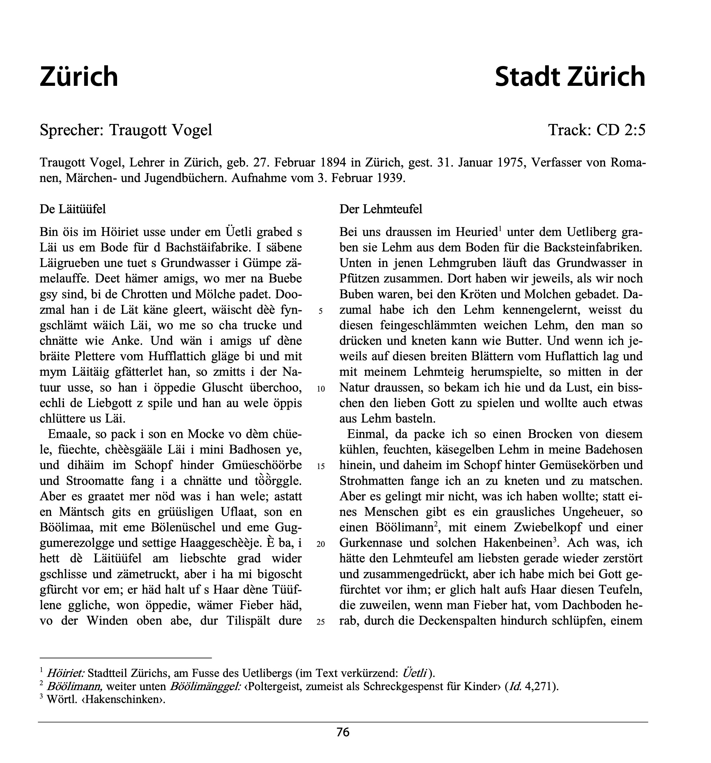 The image shows page 1 of the transcription of the Zurich recording in dialect and a line by line translation into standard German.