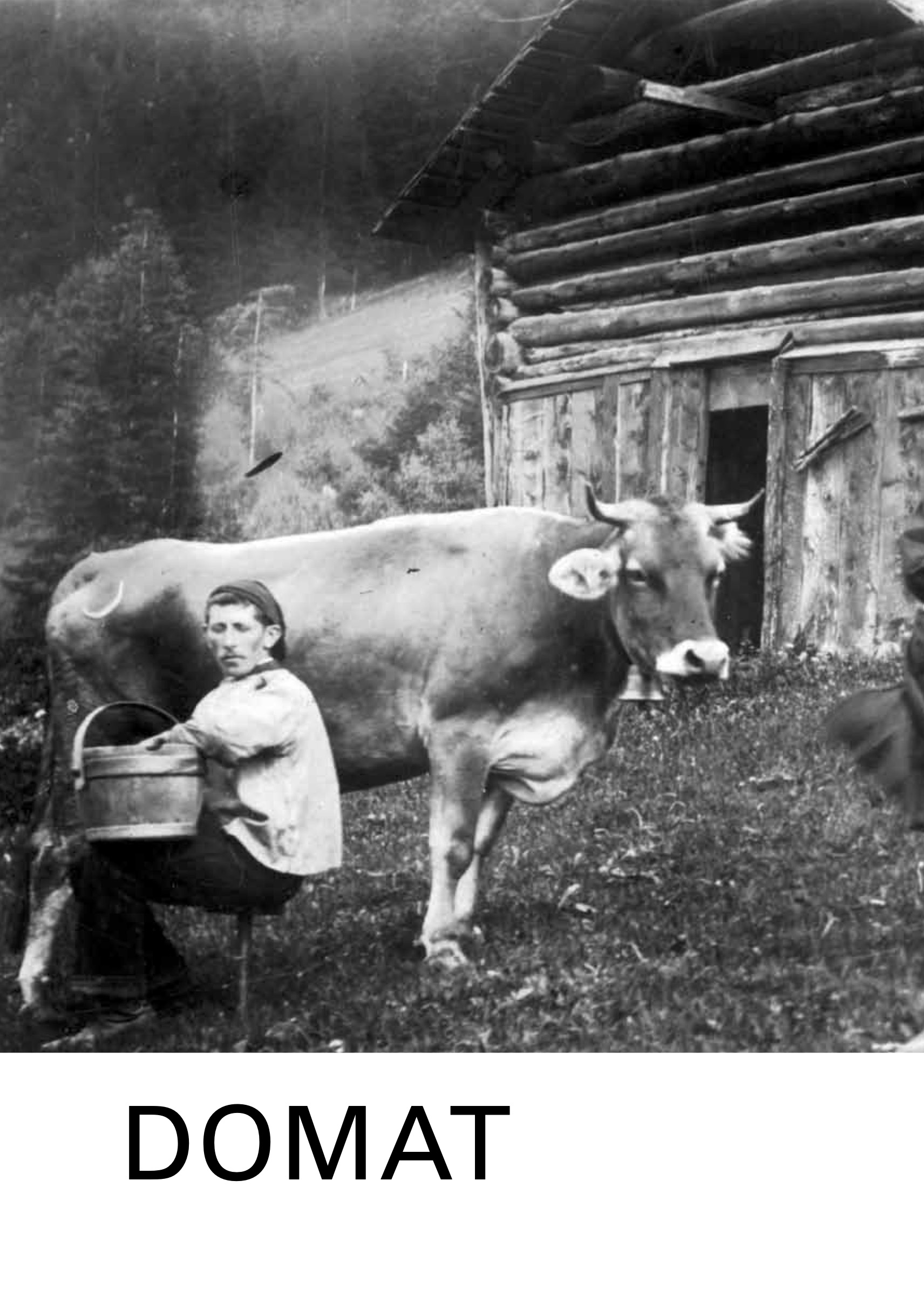 The left half of the historical photograph shows a farmer milking a cow and bears the title ‘Domat’ beneath the image.