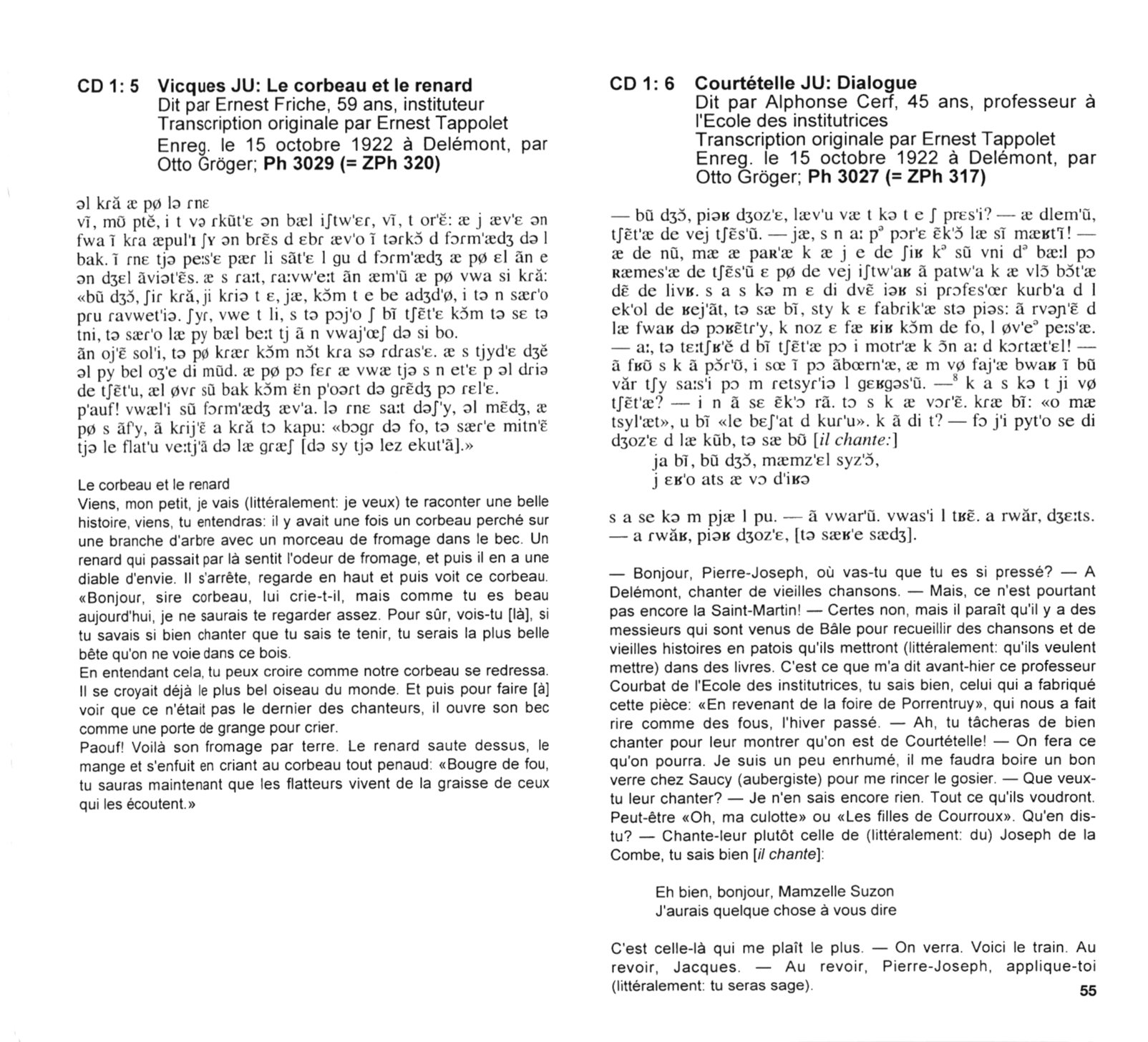 The image is a scan of the transcription accompanying the recording, which contains a phonetic transcription and a French translation.