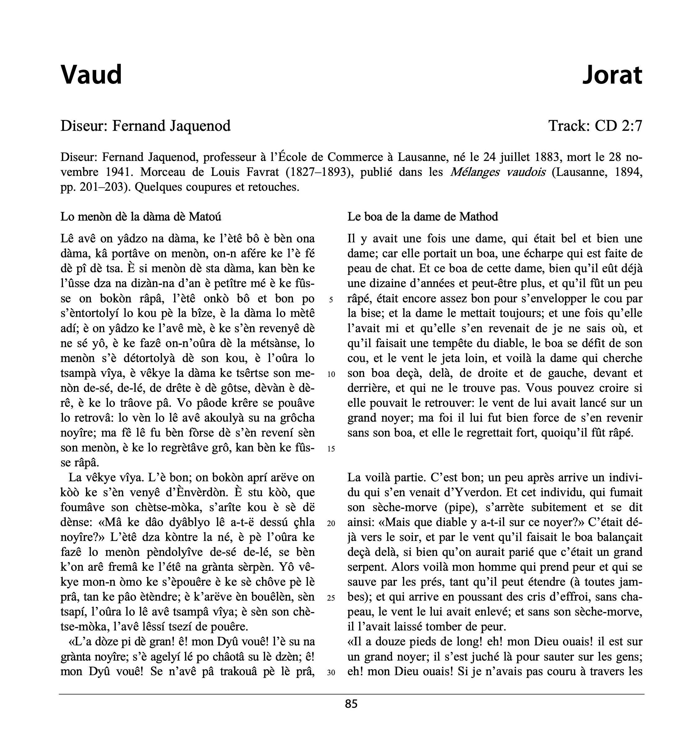 The image shows page 1 of the transcription of the patois recording from Jorat in dialect and a line by line translation to French.