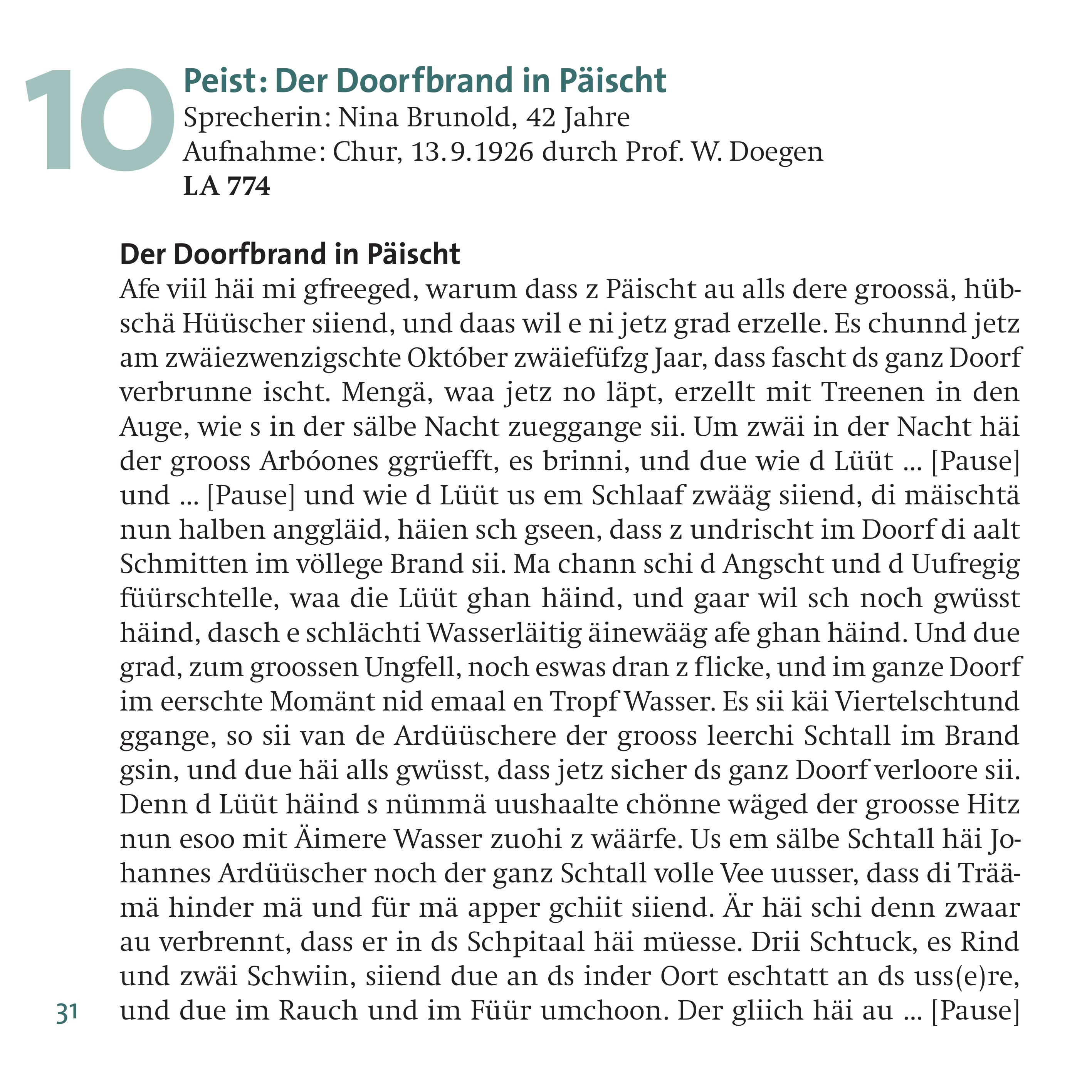 The image shows the first page of the complete transcription in dialect for the audio sample from Peist.