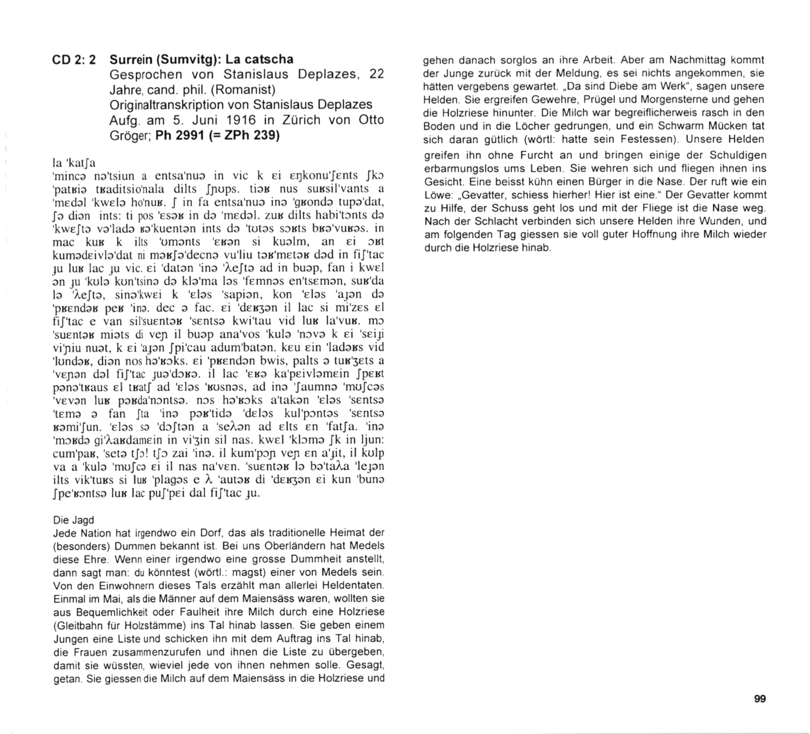 The image is a scan of the transcription accompanying the recording, which contains a phonetic transcription and a German translation.