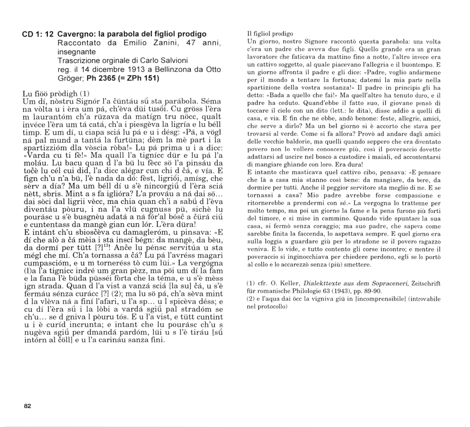 The image is a scan of the transcription of the publication accompanying the recording, which is available in dialect as well as in standard Italian.