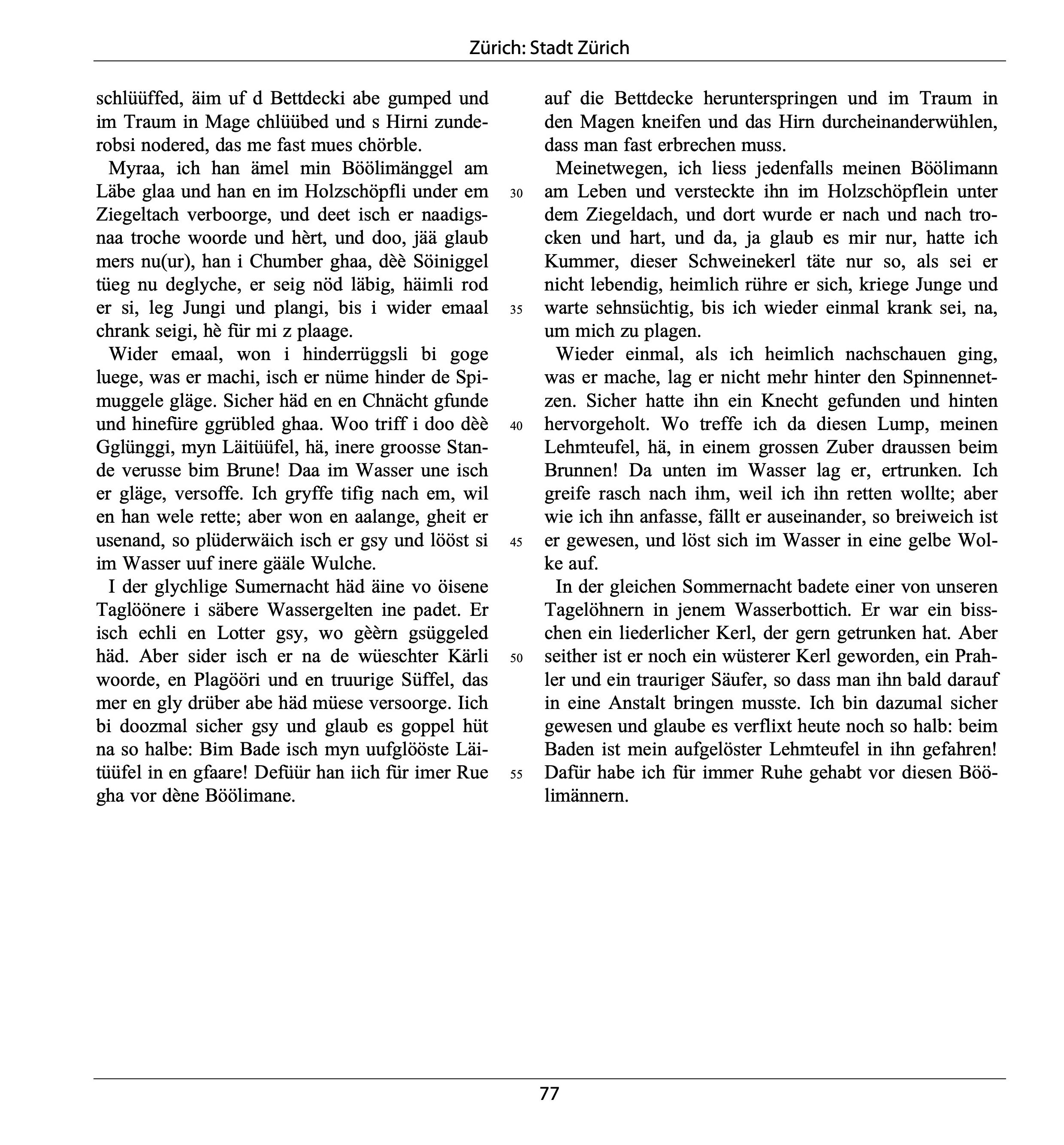 The image shows page 2 of the transcription of the Zurich recording in dialect and a line by line translation into standard German.