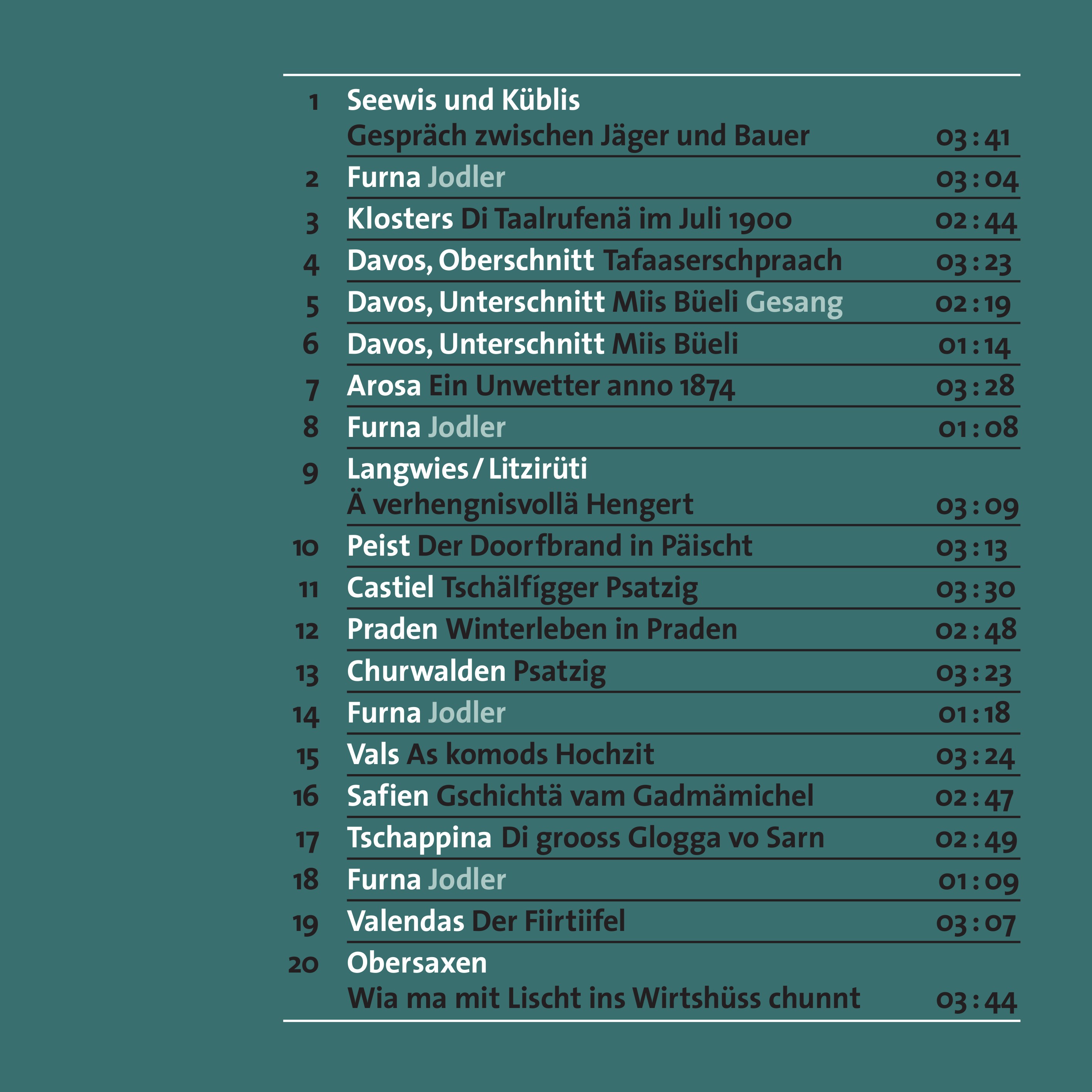 The locations and titles of all 20 recordings on the CD are listed on the back of the CD.