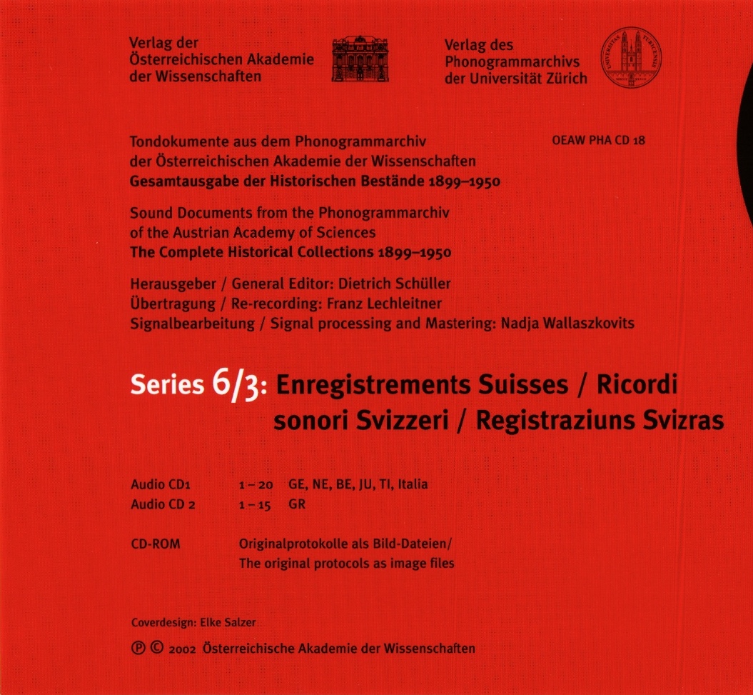 The back cover of the third edition of the "Schweizer Aufnahmen" lists the contents of the two CDs with French, Italian and Romansh recordings.